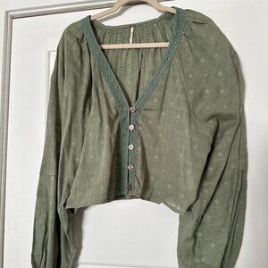 Free People Cropped Balloon Sleeve Lace Trim Button Up Peasant Top, Green Size L